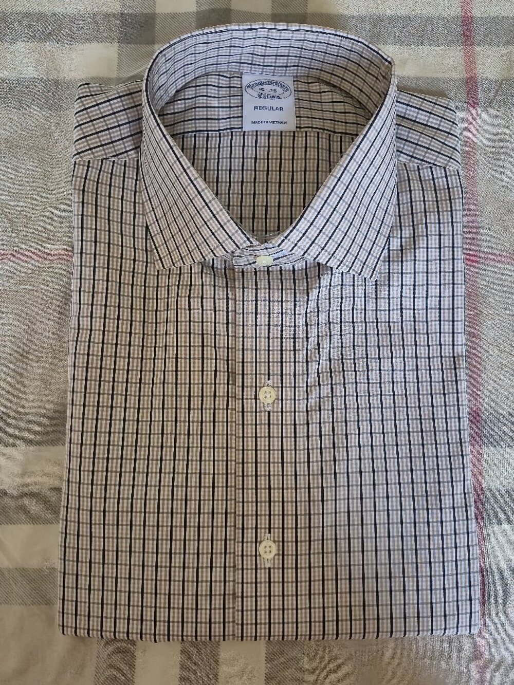 NWT Brooks Brothers Dress Shirt Supima Cotton Beige Black Plaid Checks 16/35